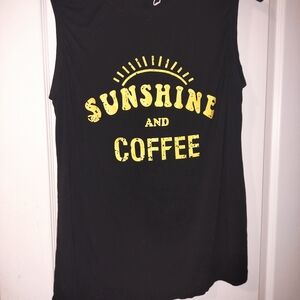 Black Tank Top with Yellow 'Sunshine and Coffee' Print